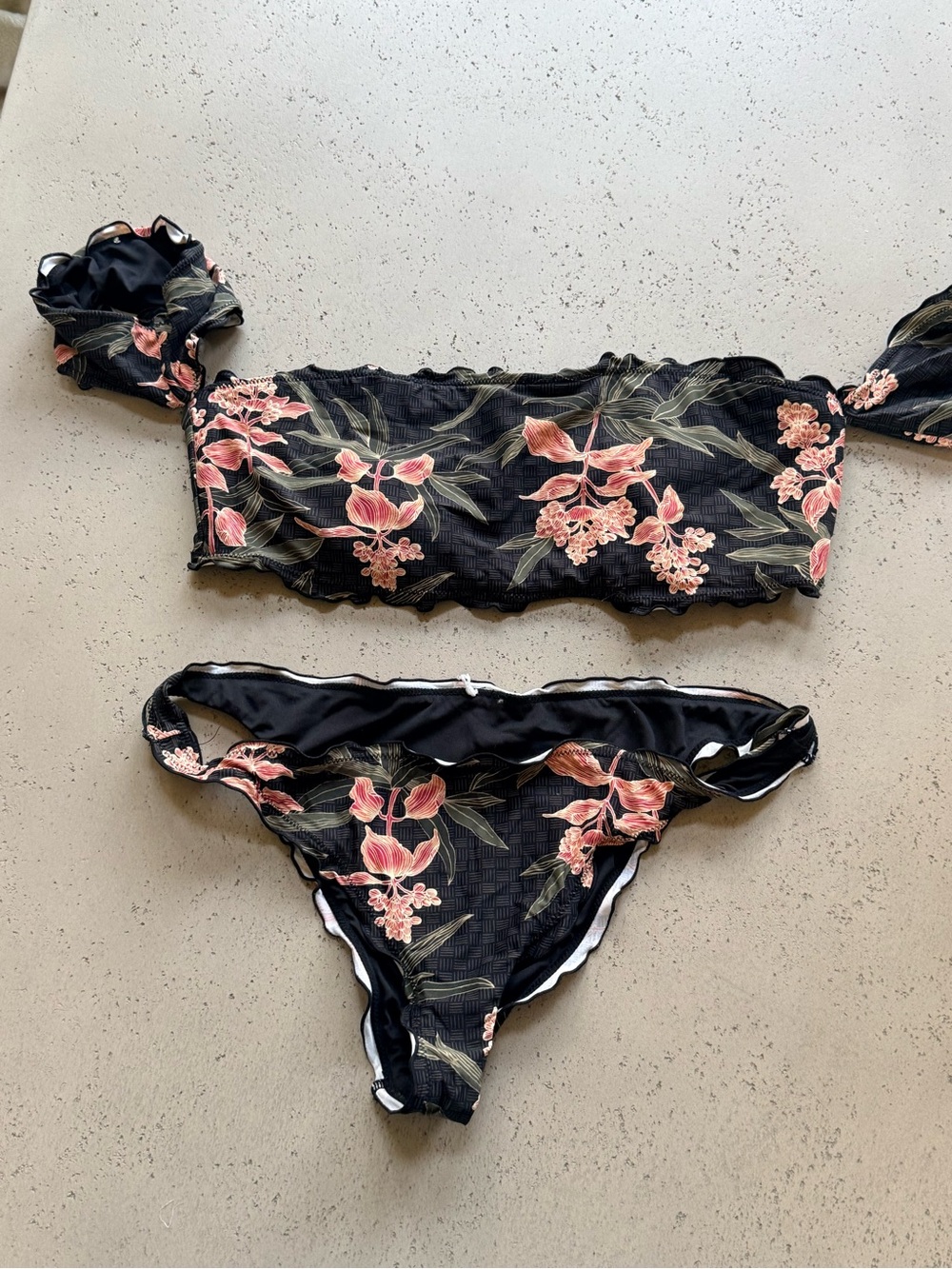 O'Neill Black Bandeau Bikini Set with Pink Floral